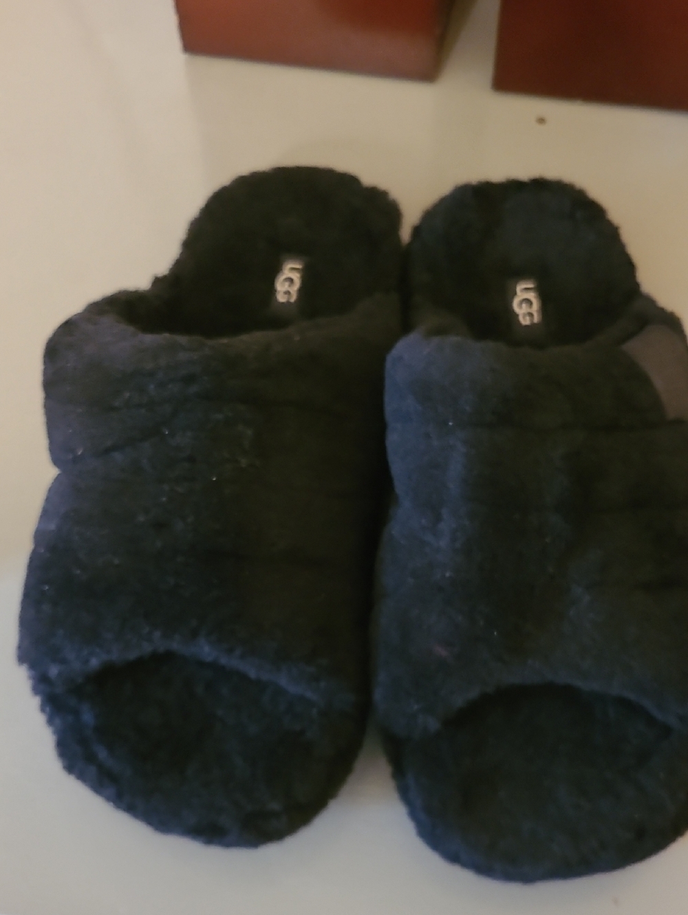 UGG Black Plush Open-Toe Slide Slippers